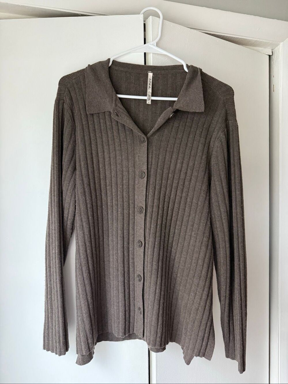 Soma Women's Small Oversized Soft Stretch Brown Button Down Collar Cardigan Swea